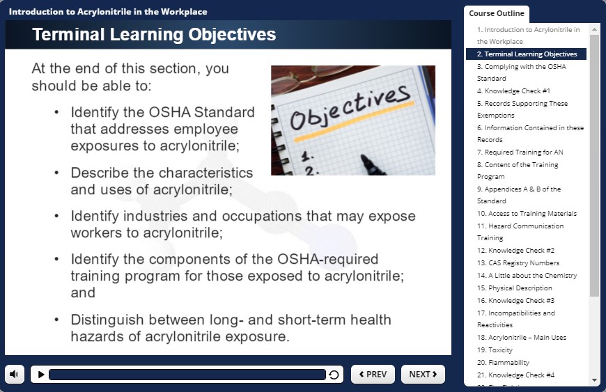 A screen shot of the osha learning objectives page.