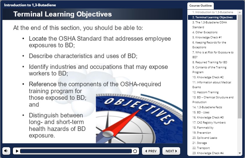 A picture of the learning objectives section in the osha training.
