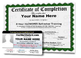 A certificate of completion and a card for hazmat student.