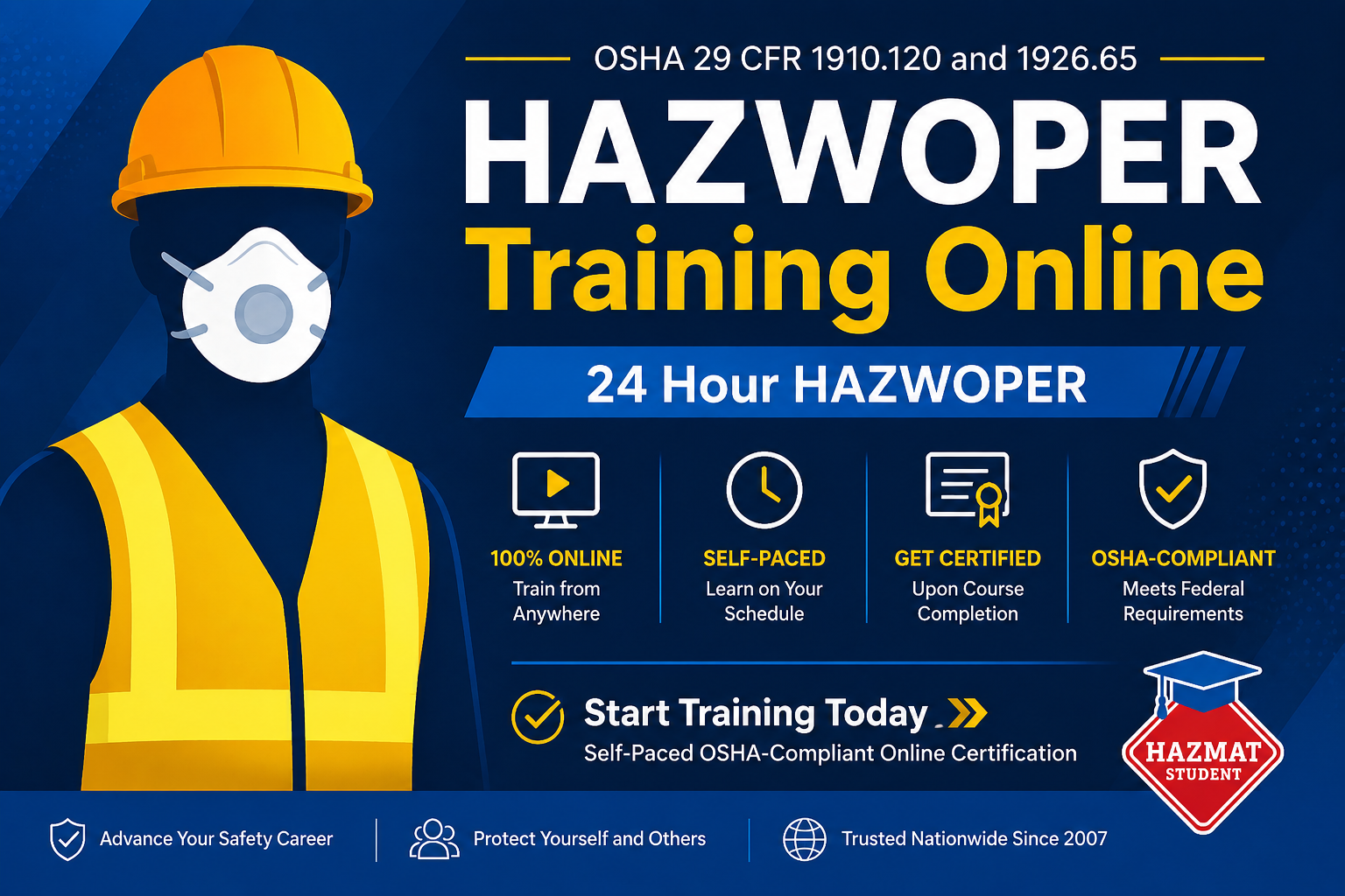 24-Hour HAZWOPER Training Online — HazMat Student. OSHA 29 CFR 1910.120 and 1926.65. 100% online, self-paced, get certified upon completion. Trusted nationwide since 2007.