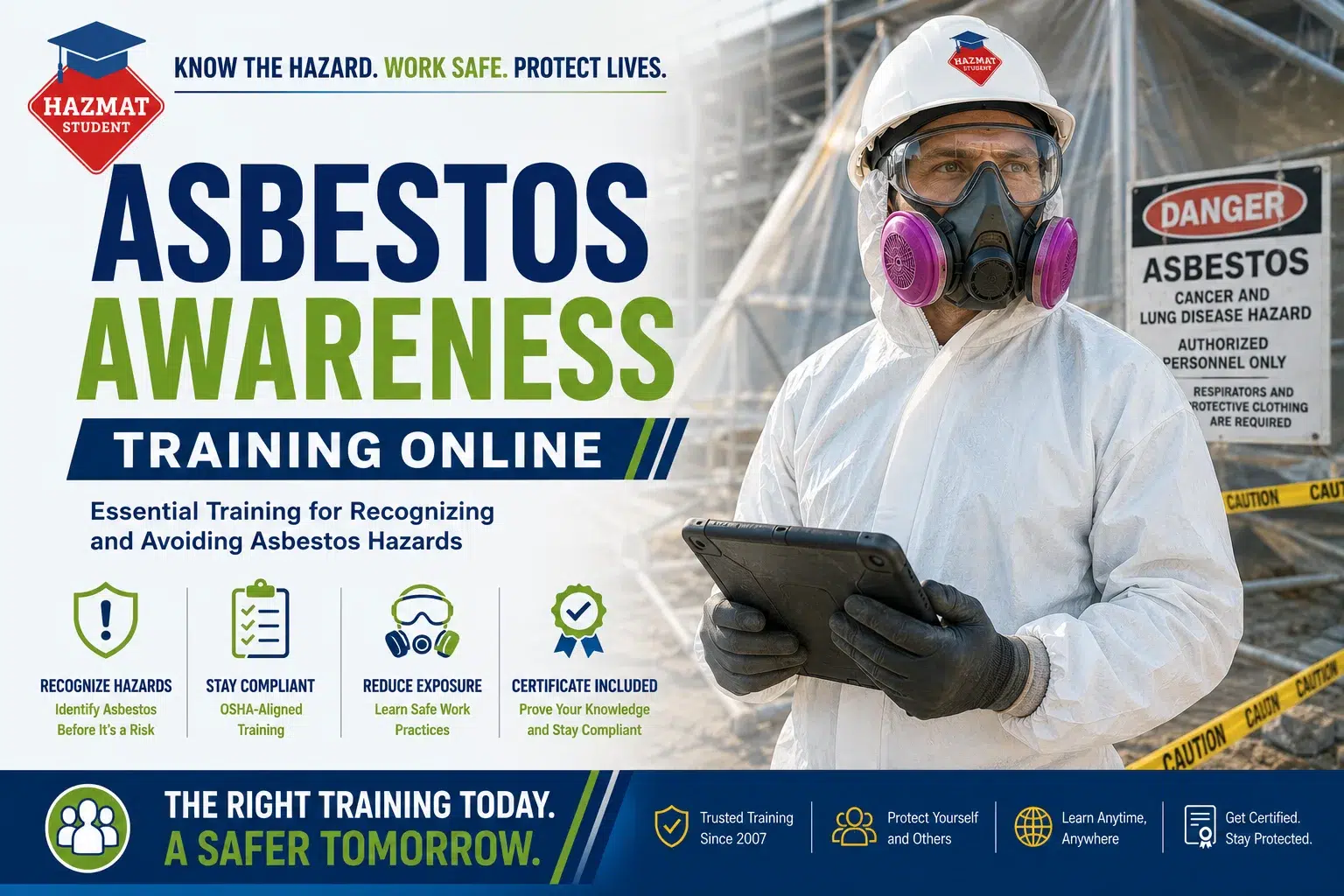 Asbestos Awareness Training Online — OSHA 29 CFR 1910.1001 & 1926.1101 | HazMat Student. Self-paced online course with instant certificate, Wallet ID Card optional.