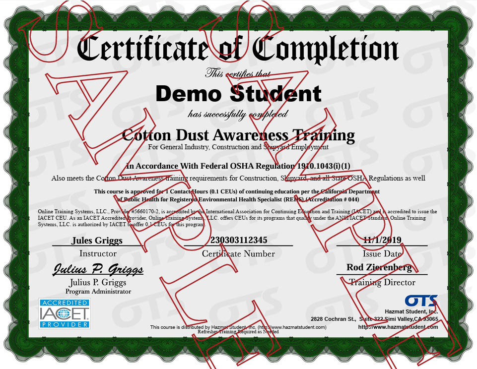 Certificate for OSHA Cotton Dust Awareness Training