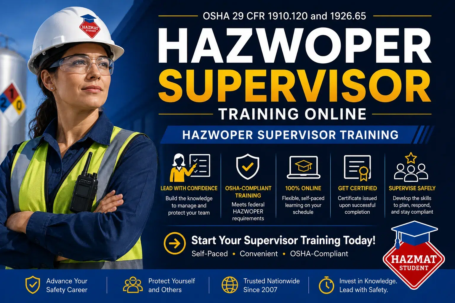 HAZWOPER Supervisor Training Online — OSHA 29 CFR 1910.120(e)(4) | HazMat Student. Lead with confidence. OSHA-compliant training. 100% online, self-paced. Get certified. Supervise safely.
