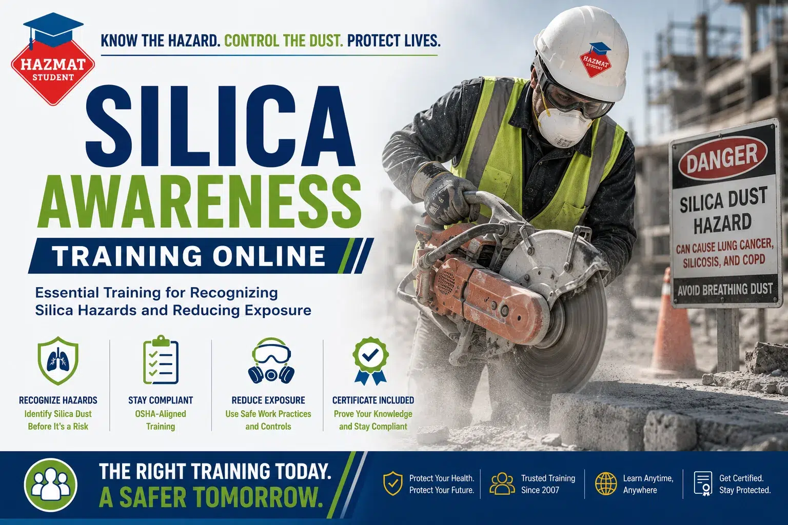 Silica Awareness Training Online — OSHA 29 CFR 1926.1153 & 1910.1053 | HazMat Student. Construction worker using concrete saw with respirator and silica dust hazard warning sign. Self-paced, instant certificate.