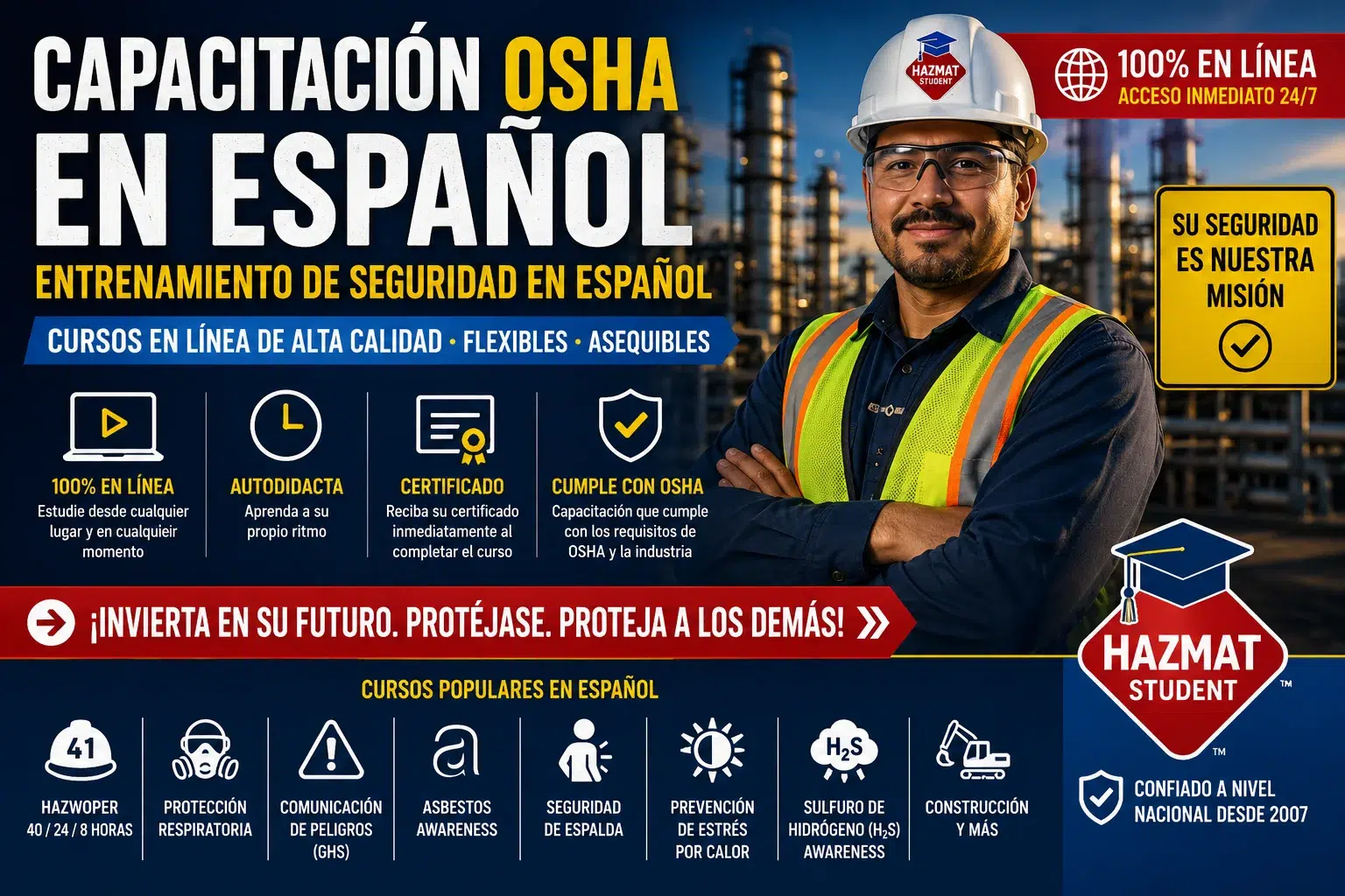 Capacitación OSHA en español, HazMat Student: HAZWOPER, HAZCOM GHS, H2S y más, 100% en línea, certificado inmediato