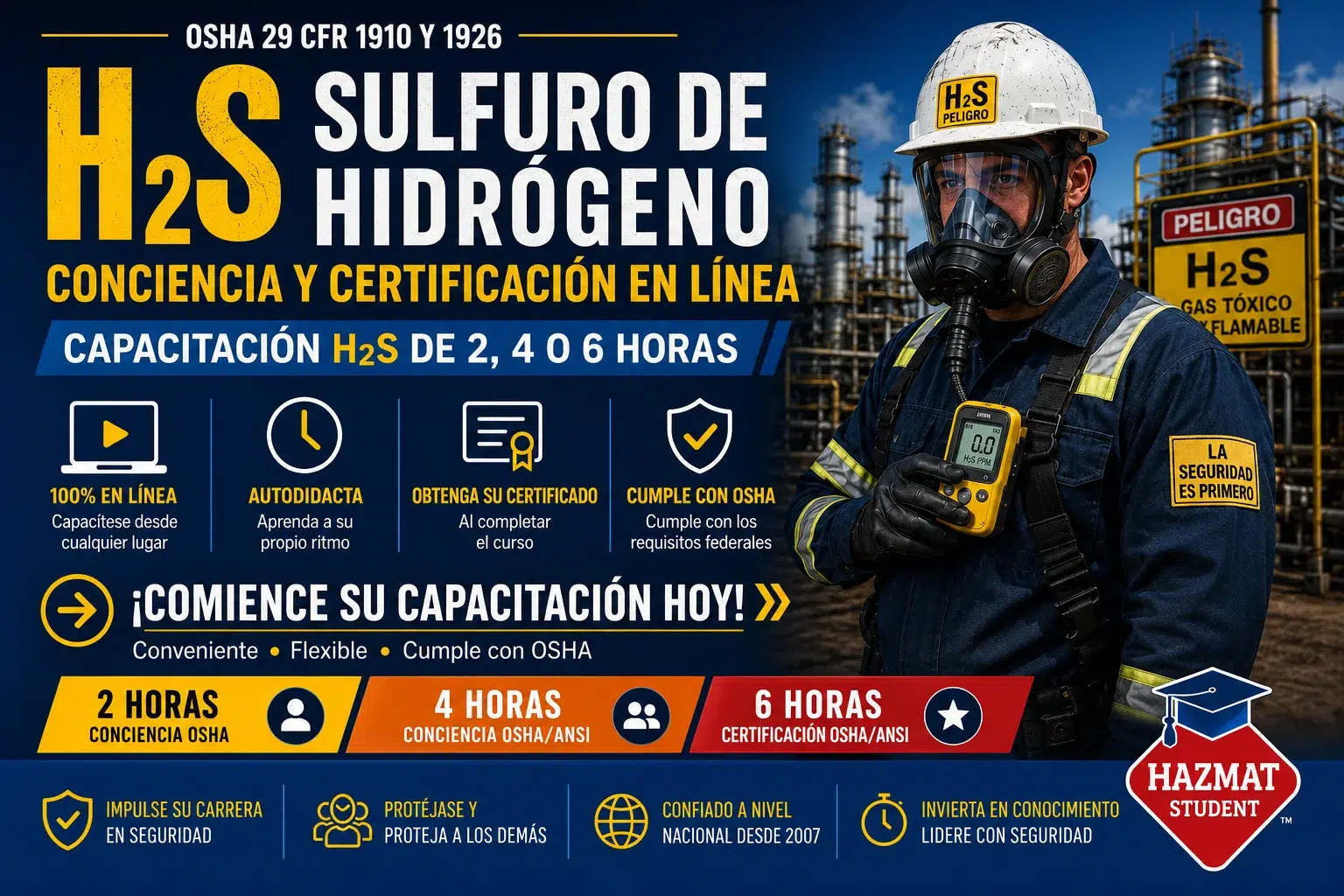 Curso de concientización sobre Sulfuro de Hidrógeno (H2S) en español, OSHA, HazMat Student: 2 horas, 100% en línea, certificado inmediato