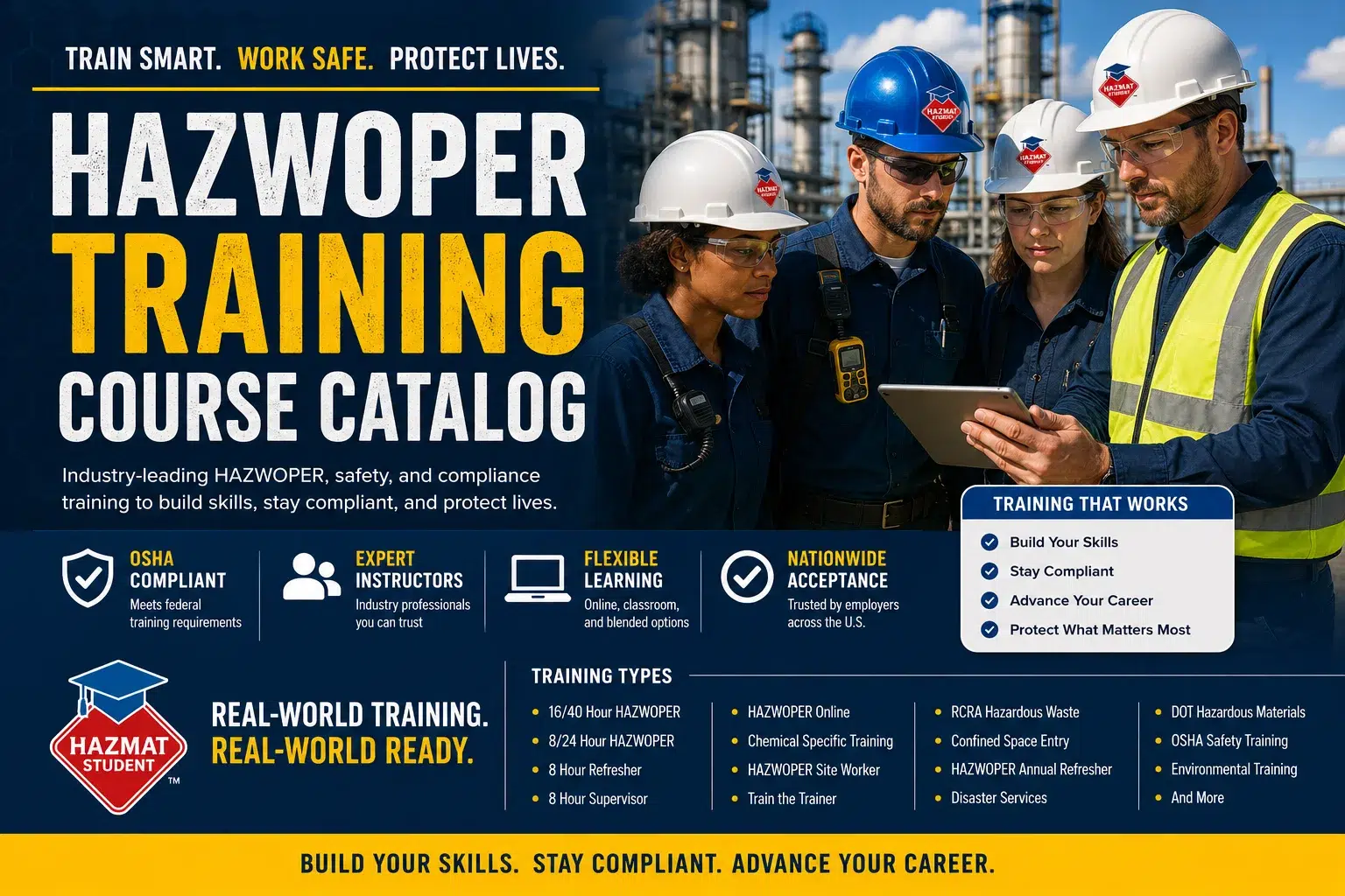 OSHA HAZWOPER Online Training Catalog, HazMat Student. 40, 32, 24, 16 Hour and 8 Hour Refresher and Supervisor courses, English and Spanish, since 2007.