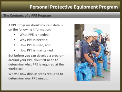 A slide with people in protective gear.